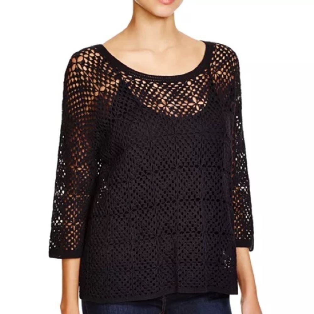 Joie Eva Crochet Black Round Neck Pullover 3/4 Sleeve Sweater